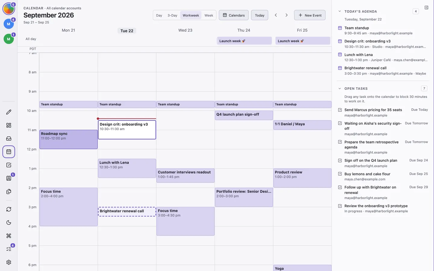 A workweek calendar view across several Google calendars.