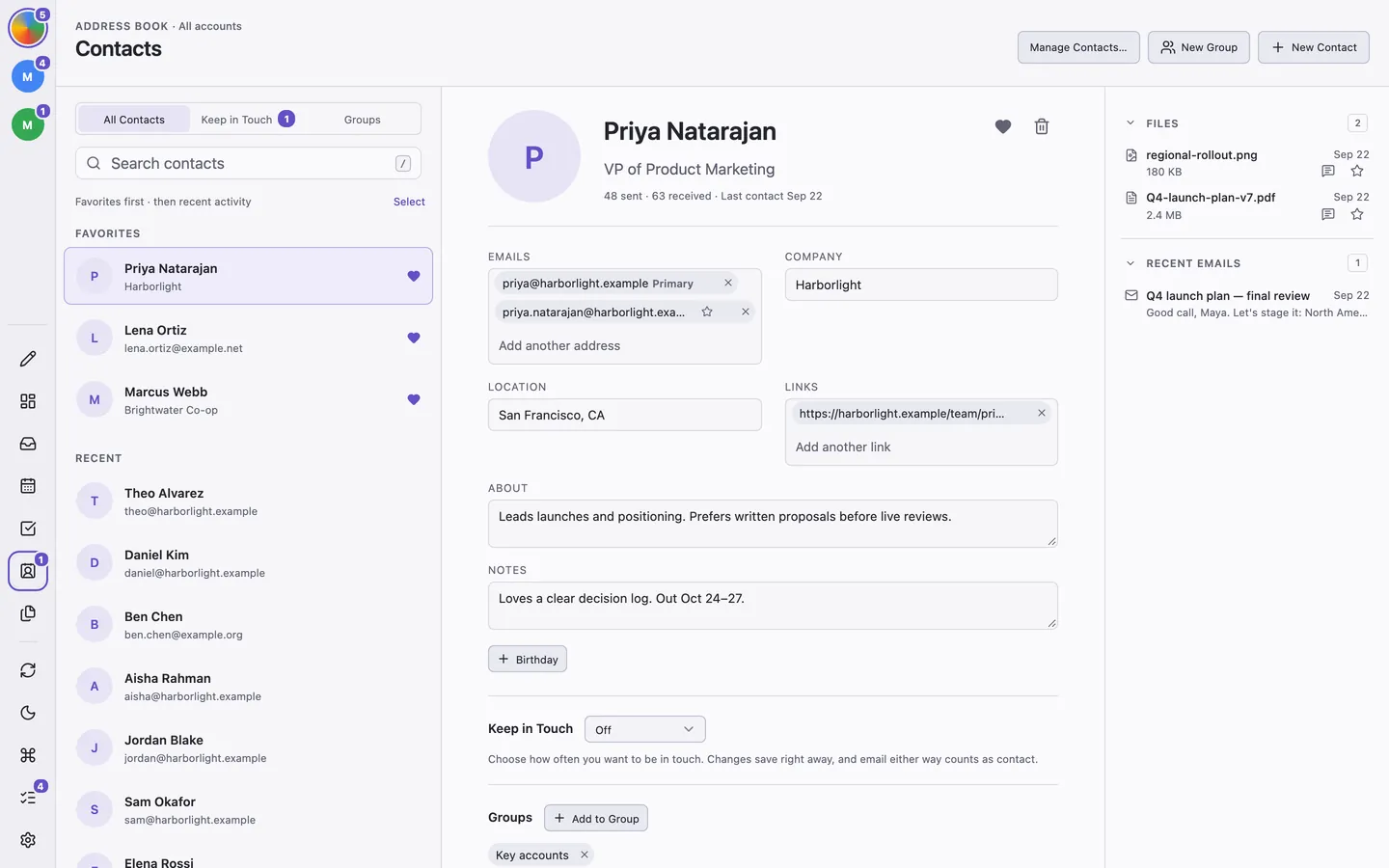 A contact profile with addresses, notes, correspondence history, and shared files.