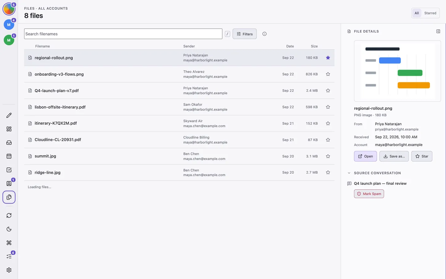 Files lists attachments with filters, a preview, and a link to the source conversation.