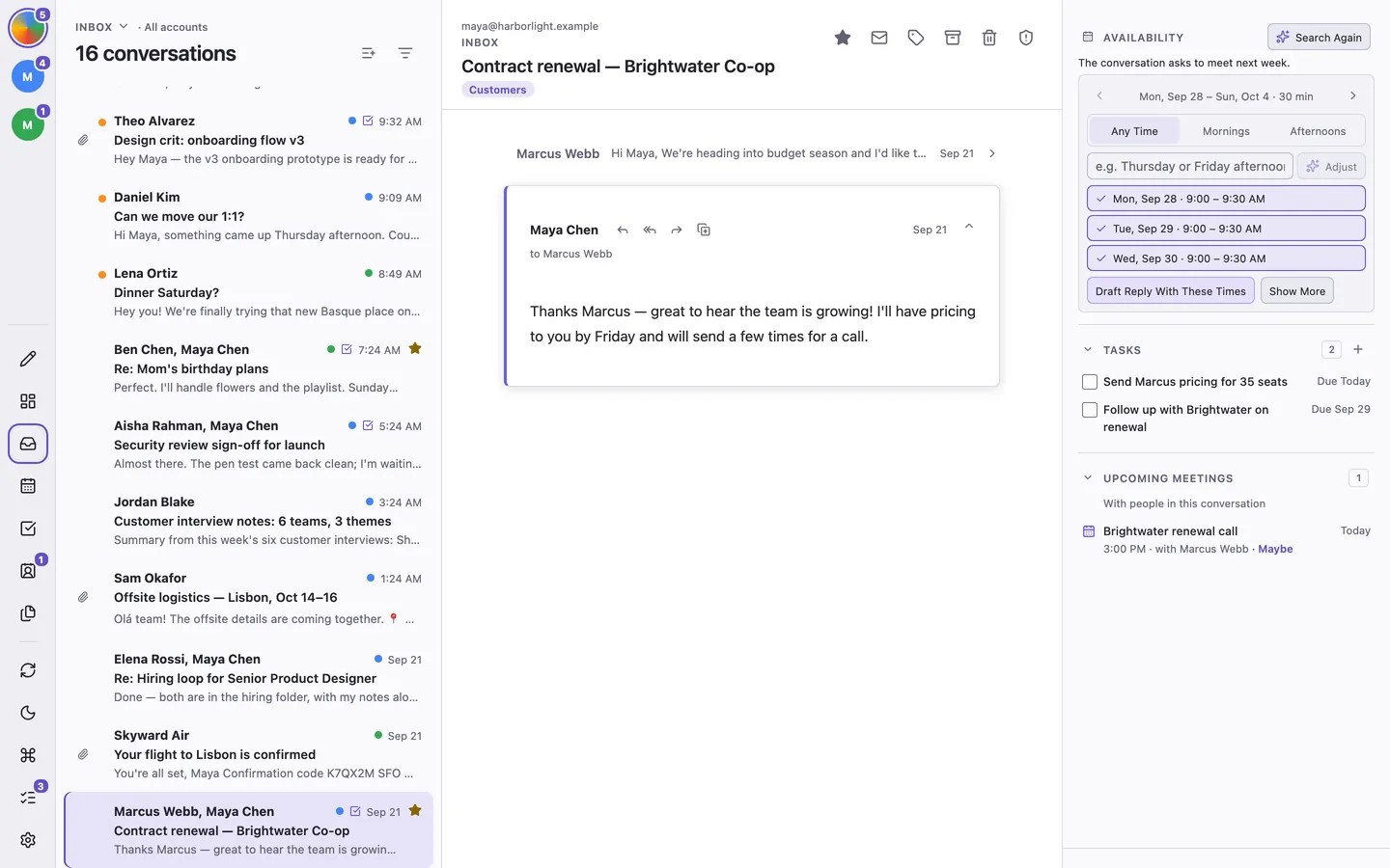 Find Times shows open calendar slots beside the conversation, with selected times ready for a reply.