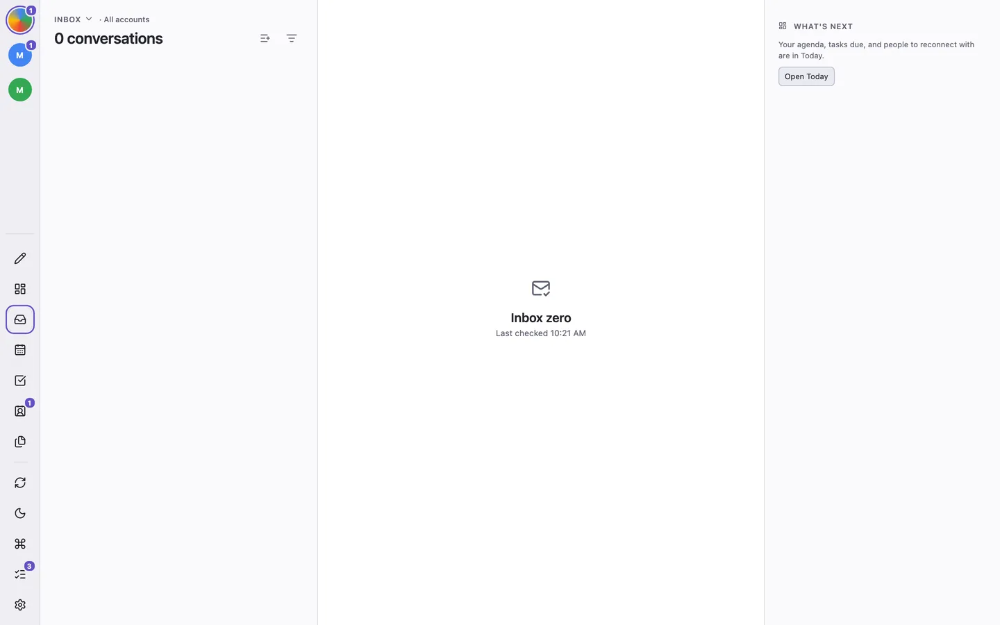 An empty inbox with last-check status and a side panel linking to Today.