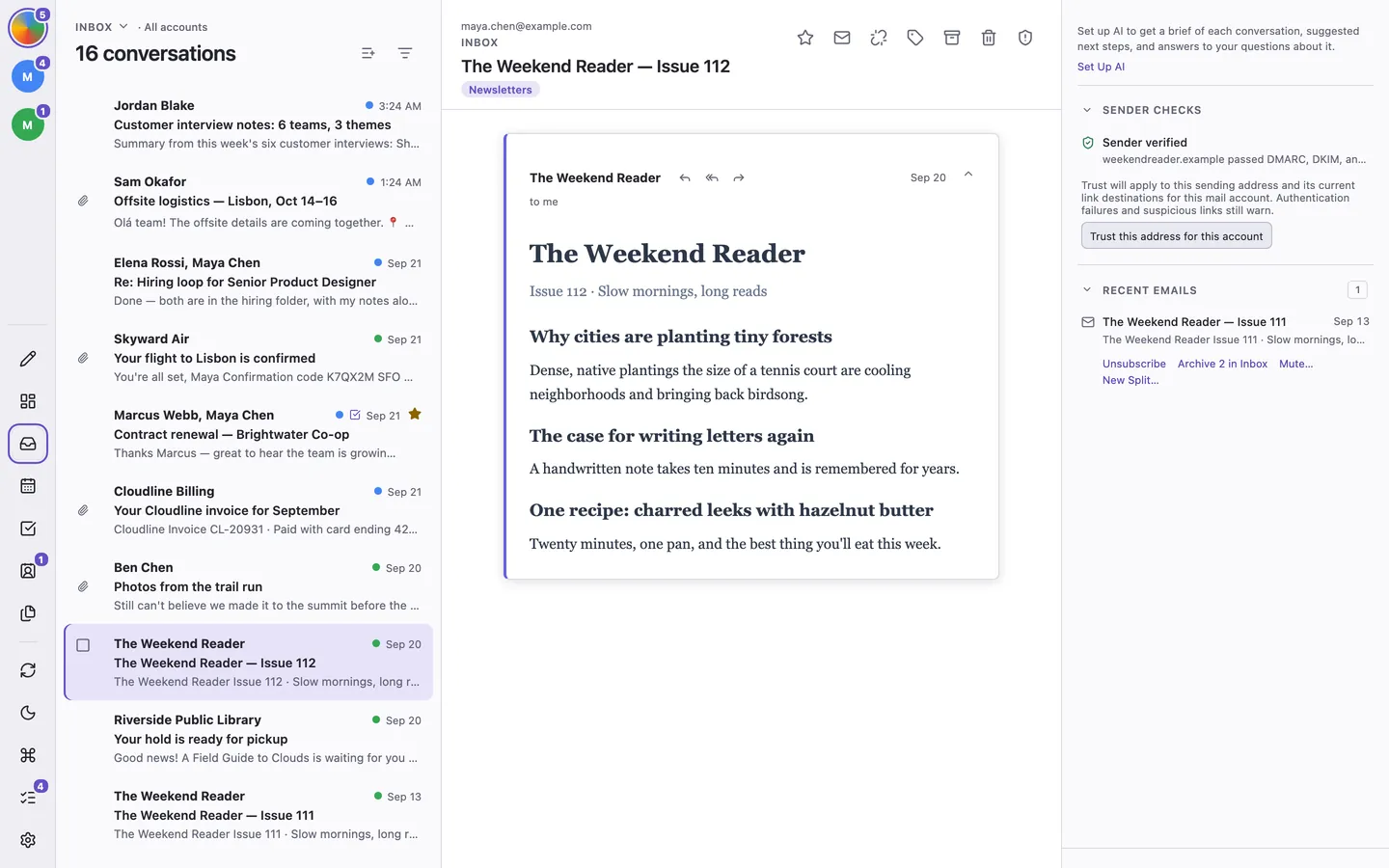 A newsletter with its sender’s recent emails and unsubscribe, archive, mute, and split controls.