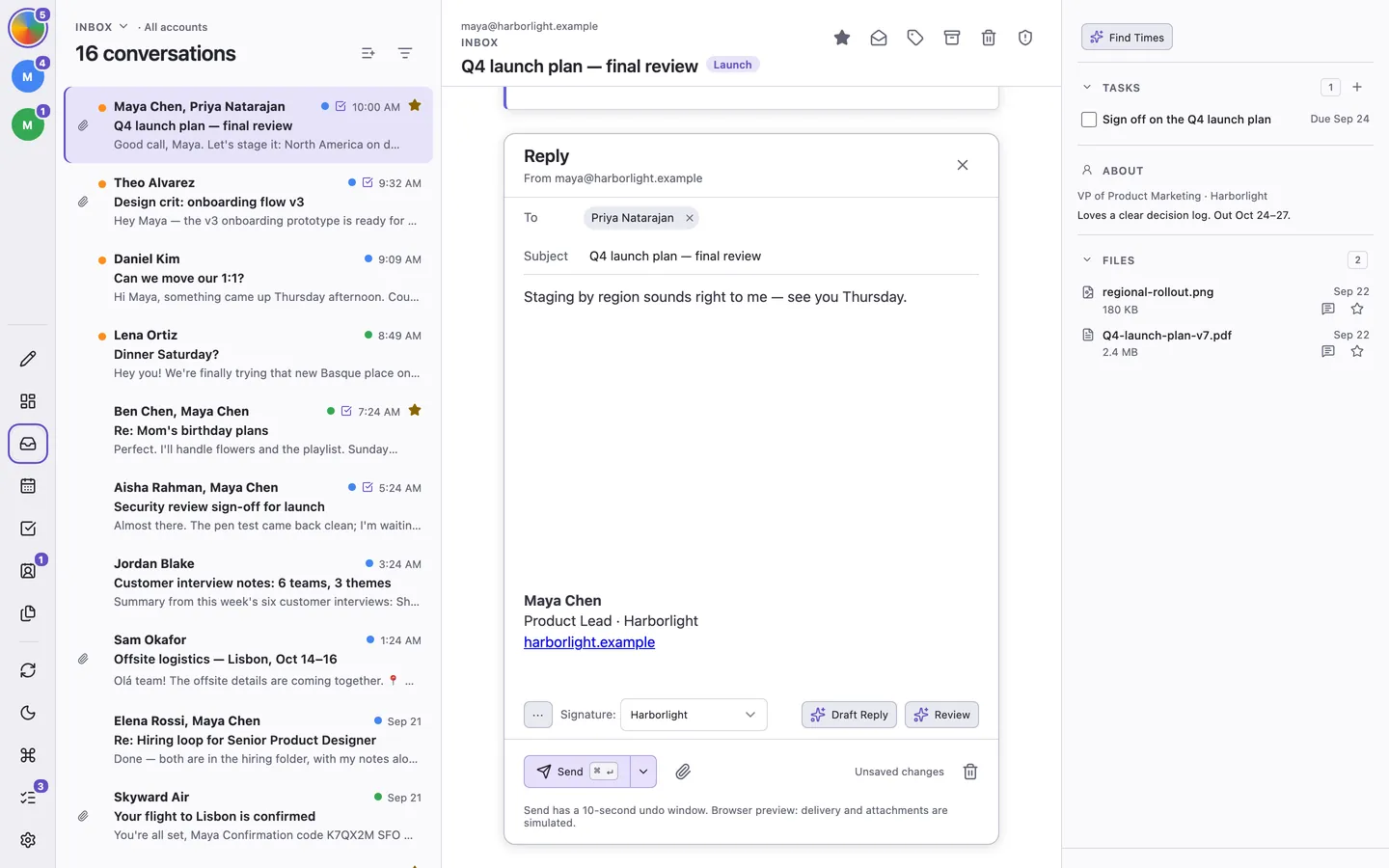 Replying to a conversation, with recipient history and related tasks in the panel beside the draft.
