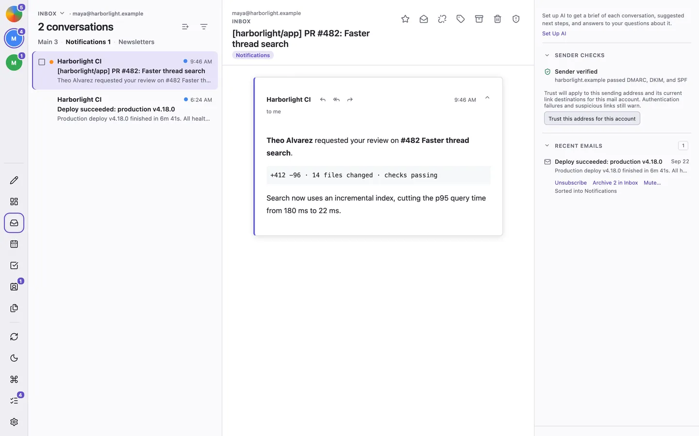 An inbox with Split Inbox tabs for newsletters and a client.