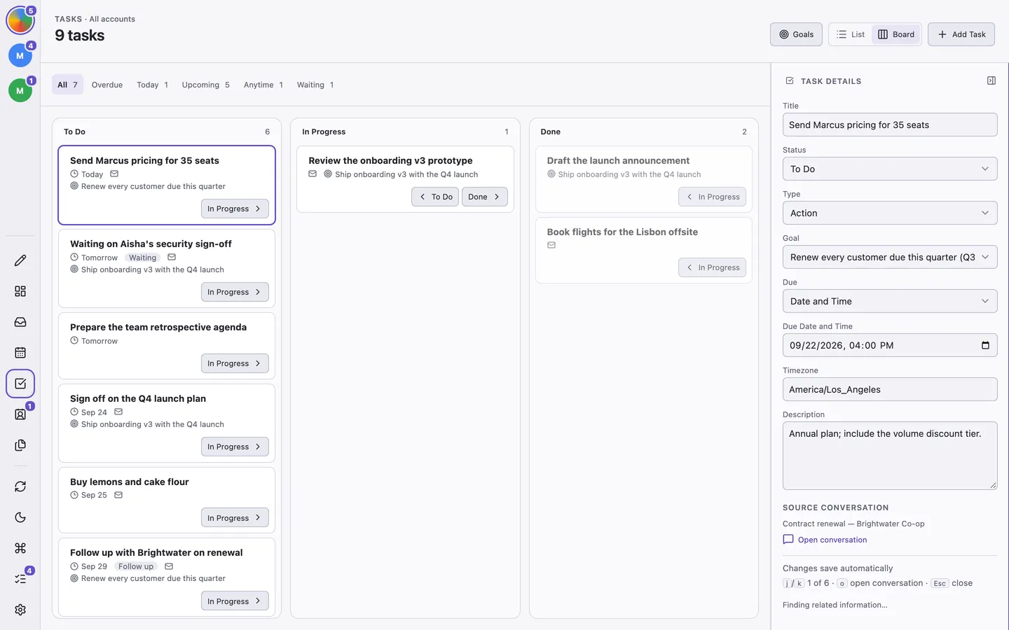 The Tasks board with To Do, In Progress, and Done columns.