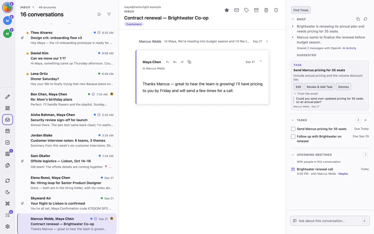 An AI brief of a conversation, with suggested tasks to review.