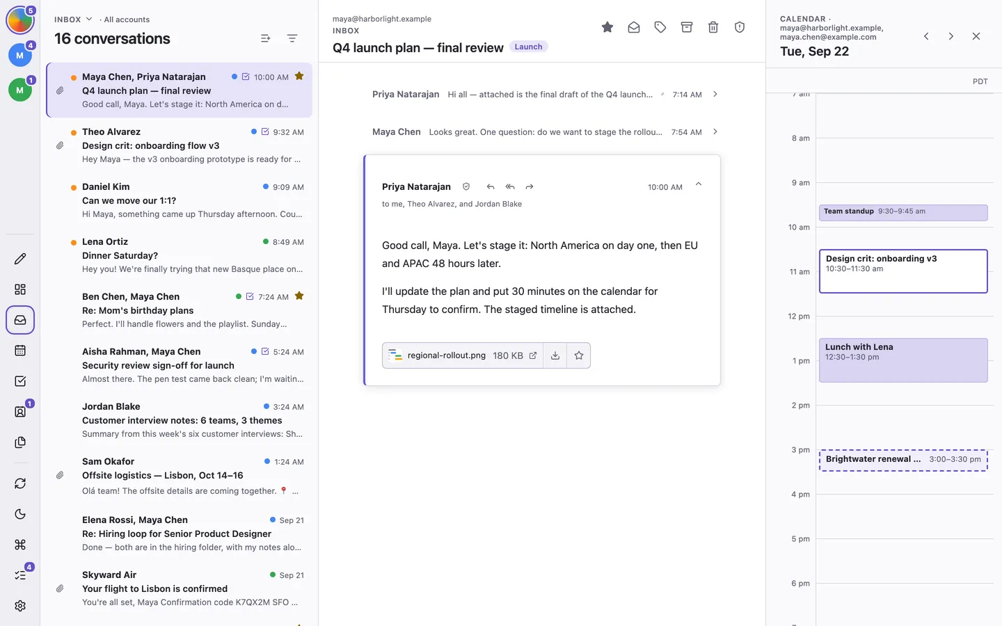 The day's schedule beside the inbox, with free time marked against working hours.